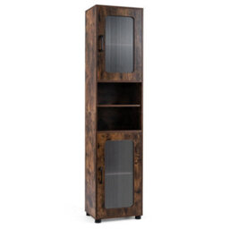 Tall Bathroom Storage Cabinet 170 Cm Rustic Brown Slim Cupboard Fluted Doors - thumbnail 1