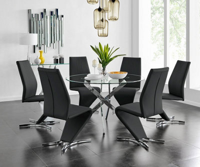 Furniturebox Uk Novara Chrome Metal And Glass Large Round Dining Table And 6 Black Willow Chairs Set - image 1