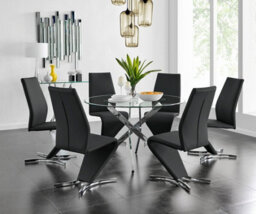 Furniturebox Uk Novara Chrome Metal And Glass Large Round Dining Table And 6 Black Willow Chairs Set - thumbnail 1