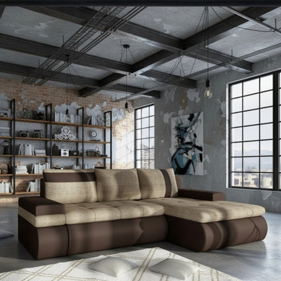 Oslo Mini Living Room Corner Sofa Bed With Storage Hr Foam Wave Springs Wooden Frame 245X182X90Cm Beige And Brown Right - image 1