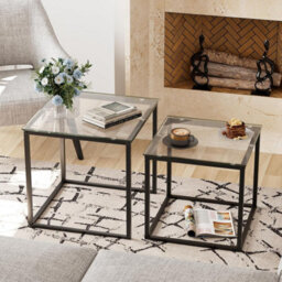 Huhote Two Piece Nesting Side Tables With Black Metal Frame And Glass Top Diameter 50 45 Cm Coffee Table Side End Table For Home - thumbnail 3