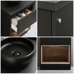 Homestylestore Black Grey 600mm Led Lit Bathroom Vanity Unit Round Countertop Graphite Basin Open Shelf - thumbnail 2