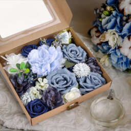 Living And Home Artificial Fake Realistic Silk Flower Gift Box Wedding Party Decor Blue And White 25Cm (W) X 27Cm (D) X 5.5Cm (H)