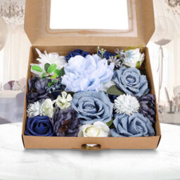 Living And Home Artificial Fake Realistic Silk Flower Gift Box Wedding Party Decor Blue And White 25Cm (W) X 27Cm (D) X 5.5Cm (H) - thumbnail 2