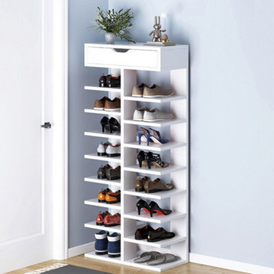White 9 Tier Narrow Shoe Storage Cabinet With Drawer - Standing Shoe Rack Unit For Hallway - image 1