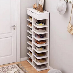 White 9 Tier Narrow Shoe Storage Cabinet With Drawer - Standing Shoe Rack Unit For Hallway - thumbnail 3