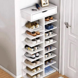 White 9 Tier Narrow Shoe Storage Cabinet With Drawer - Standing Shoe Rack Unit For Hallway - thumbnail 4