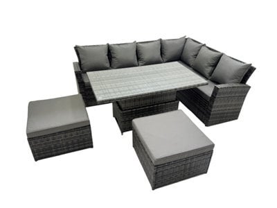 Fimous 8 Seat Rattan Garden Furniture Corner Sofa Set Outdoor Adjustable Lifting Dining Or Coffee Table Set With 2 Big Footstools - image 1