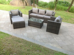 Fimous 6 Seats Rattan Sofa Set Oblong Coffee Table Chair Set Outdoor Garden Furniture In Dark Grey Mixed - thumbnail 5