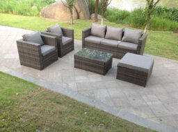 Fimous 6 Seats Rattan Sofa Set Oblong Coffee Table Chair Set Outdoor Garden Furniture In Dark Grey Mixed - thumbnail 7