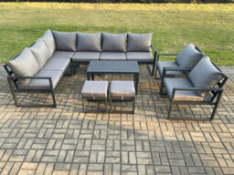 Fimous Aluminium Garden Furniture Set Outdoor Indoor Lounge Corner Sofa 2 Pcs Chair Coffee Table Sets With Footstools Dark Grey - thumbnail 2