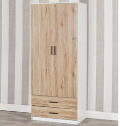 Urbnliving 180Cm Tall 2 Door Wardrobe White Carcass And Oak Drawers With 2 Drawers Bedroom Storage Hanging Bar Clothes - thumbnail 3