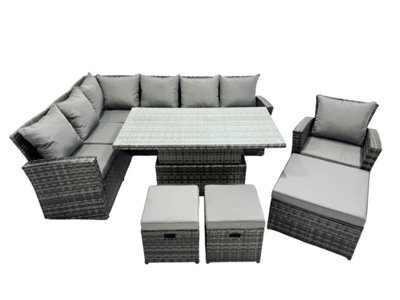 Fimous Poly Rattan Outdoor Patio Height Adjustable Rising Lifting Table Corner Sofa Set With 3 Stools For Garden - image 1