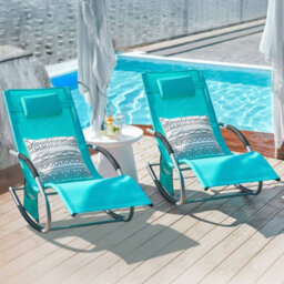 Sobuy Ogs28-Hbx2, Set Of 2 Outdoor Garden Rocking Sun Lounger Recliner Relaxing Chair With Headrest And Side Bag,blue,w147Xd63Xh85 - thumbnail 2