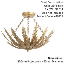 Ornate Gold Flush Ceiling Light - Decorative Leaf Design Dimmable 3 Bulb Pendant - thumbnail 2