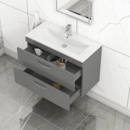 Royal Bathrooms Turin Indigo Grey Gloss 800mm Wall Hung Vanity Unit 2 Drawer With Minimalist Basin Sink - thumbnail 3