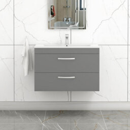 Royal Bathrooms Turin Indigo Grey Gloss 800mm Wall Hung Vanity Unit 2 Drawer With Minimalist Basin Sink