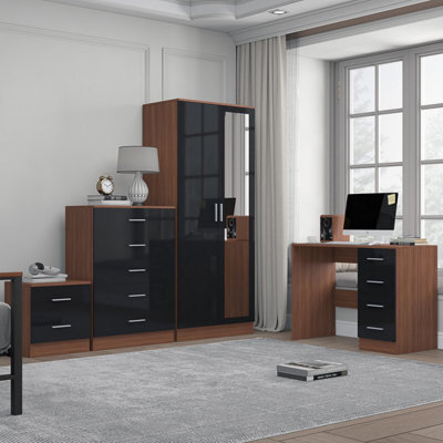 Reflect 2 Door Mirror Wardrobe, 5 Drawer Chest, 2 Drawer Bedside & Desk - Black Gloss & Walnut - Modern Bedroom Furniture Set - image 1