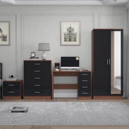 Reflect 2 Door Mirror Wardrobe, 5 Drawer Chest, 2 Drawer Bedside & Desk - Black Gloss & Walnut - Modern Bedroom Furniture Set - thumbnail 3