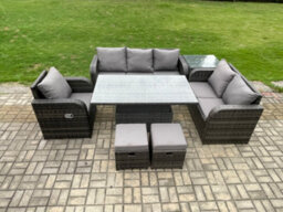 Fimous Outdoor Rattan Furniture Garden Dining Set Patio Table Reclining Chair Sofa With Side Table 2 Small Footstools - thumbnail 1