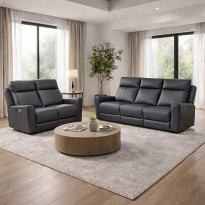 Aspire Rivington Real Leather Power Recliner 3 + 2 Sofa Set With Usb Charging, Charcoal - image 1
