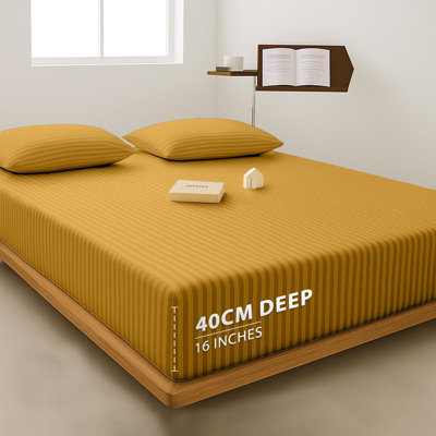 Imperial Rooms Deep Fit 40Cm Satin Stripe Fitted Sheet Microfiber Soft Bedding Sheets Ochre Super King - image 1