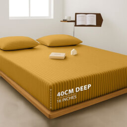 Imperial Rooms Deep Fit 40Cm Satin Stripe Fitted Sheet Microfiber Soft Bedding Sheets Ochre Super King