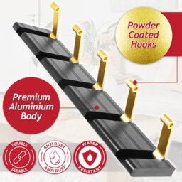 Spares2Go Luxury Wall Mounted Coat Rack 5 Hooks Aluminium Retractable Hanging Hook Rail (Black + Gold) - thumbnail 4