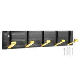 Spares2Go Luxury Wall Mounted Coat Rack 5 Hooks Aluminium Retractable Hanging Hook Rail (Black + Gold) - thumbnail 1