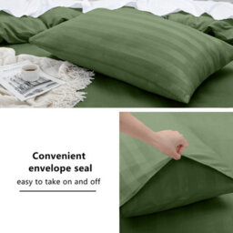 Bedlooms Olive Green Stripe Duvet Cover Complete Bedding Set, Breathable & Anti-Allergic Microfiber, King 230X220Cm - thumbnail 3