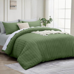 Bedlooms Olive Green Stripe Duvet Cover Complete Bedding Set, Breathable & Anti-Allergic Microfiber, King 230X220Cm