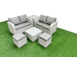 Fimous 6 Seater Outdoor Love Sofa Set Rattan Garden Furniture Set Square Coffee Table 2 Small Stools Side Table Light Grey - thumbnail 2