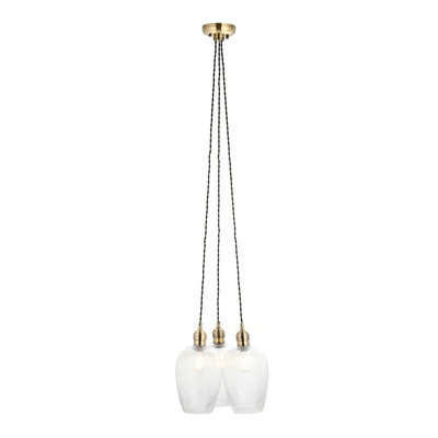 Luminosa Lighting Luminosa Livorno Cluster Pendant Ceiling Light Antique Brass Plate & Clear Ribbed Glass 3 X 10W Led E27 - image 1