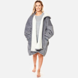 Ohs Oversized Sherpa Fleece Zip Up Wearable Hooded Jumper, One Size, Charcoal - thumbnail 3