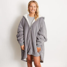 Ohs Oversized Sherpa Fleece Zip Up Wearable Hooded Jumper, One Size, Charcoal