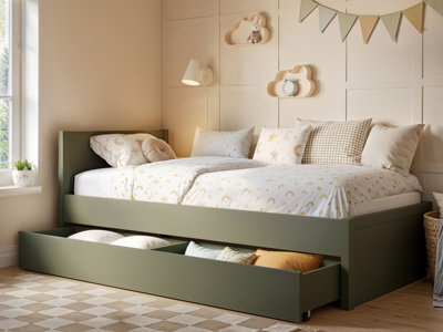 Flair Oli Single Wooden Bed With Drawers Olive Green - image 1