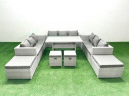 Fimous Rattan Garden Furniture Dining Set 13 Seater Lounge Sofa Dining Table Set 4 Stools Light Grey - thumbnail 1