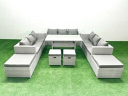 Fimous Rattan Garden Furniture Dining Set 13 Seater Lounge Sofa Dining Table Set 4 Stools Light Grey - thumbnail 2