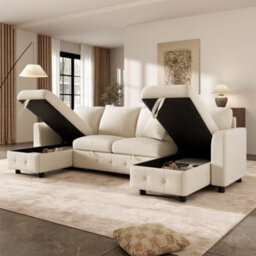 Fenchilin 4-Seater Sofa Bed With Pull-Out Sleeper U-Shaped Sectional Sofa With 2 Storage Chaise Lounges Chenille Beige - thumbnail 8