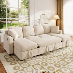 Fenchilin 4-Seater Sofa Bed With Pull-Out Sleeper U-Shaped Sectional Sofa With 2 Storage Chaise Lounges Chenille Beige - thumbnail 9