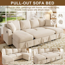 Fenchilin 4-Seater Sofa Bed With Pull-Out Sleeper U-Shaped Sectional Sofa With 2 Storage Chaise Lounges Chenille Beige - thumbnail 3