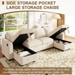 Fenchilin 4-Seater Sofa Bed With Pull-Out Sleeper U-Shaped Sectional Sofa With 2 Storage Chaise Lounges Chenille Beige - thumbnail 4