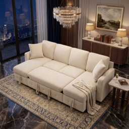 Fenchilin 4-Seater Sofa Bed With Pull-Out Sleeper U-Shaped Sectional Sofa With 2 Storage Chaise Lounges Chenille Beige - thumbnail 1