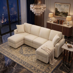 Fenchilin 4-Seater Sofa Bed With Pull-Out Sleeper U-Shaped Sectional Sofa With 2 Storage Chaise Lounges Chenille Beige - thumbnail 2