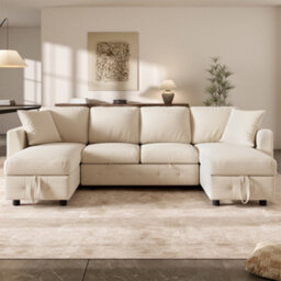 Fenchilin 4-Seater Sofa Bed With Pull-Out Sleeper U-Shaped Sectional Sofa With 2 Storage Chaise Lounges Chenille Beige - thumbnail 7