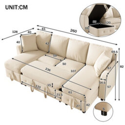 Fenchilin 4-Seater Sofa Bed With Pull-Out Sleeper U-Shaped Sectional Sofa With 2 Storage Chaise Lounges Chenille Beige - thumbnail 6