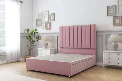 "Sloomy Kansas Pink Plush Divan Bed Base 2 Drawers Same Side With 26"" Strutted Headboard 2'6 Small Single" - image 1