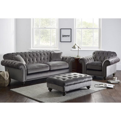 Xample Bordeaux Button Back 2 Seater Sofa In Blue Fabric Tufted Scroll Arms, Foam Cushions, Solid Wood Legs & 2 Accent Pillows - image 1