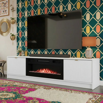 Tireno White Velvet Electric Fireplace Tv Cabinet With Fluted Fronts Modern Mdf Media Storage Unit For Living Room - image 1