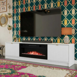 Tireno White Velvet Electric Fireplace Tv Cabinet With Fluted Fronts Modern Mdf Media Storage Unit For Living Room